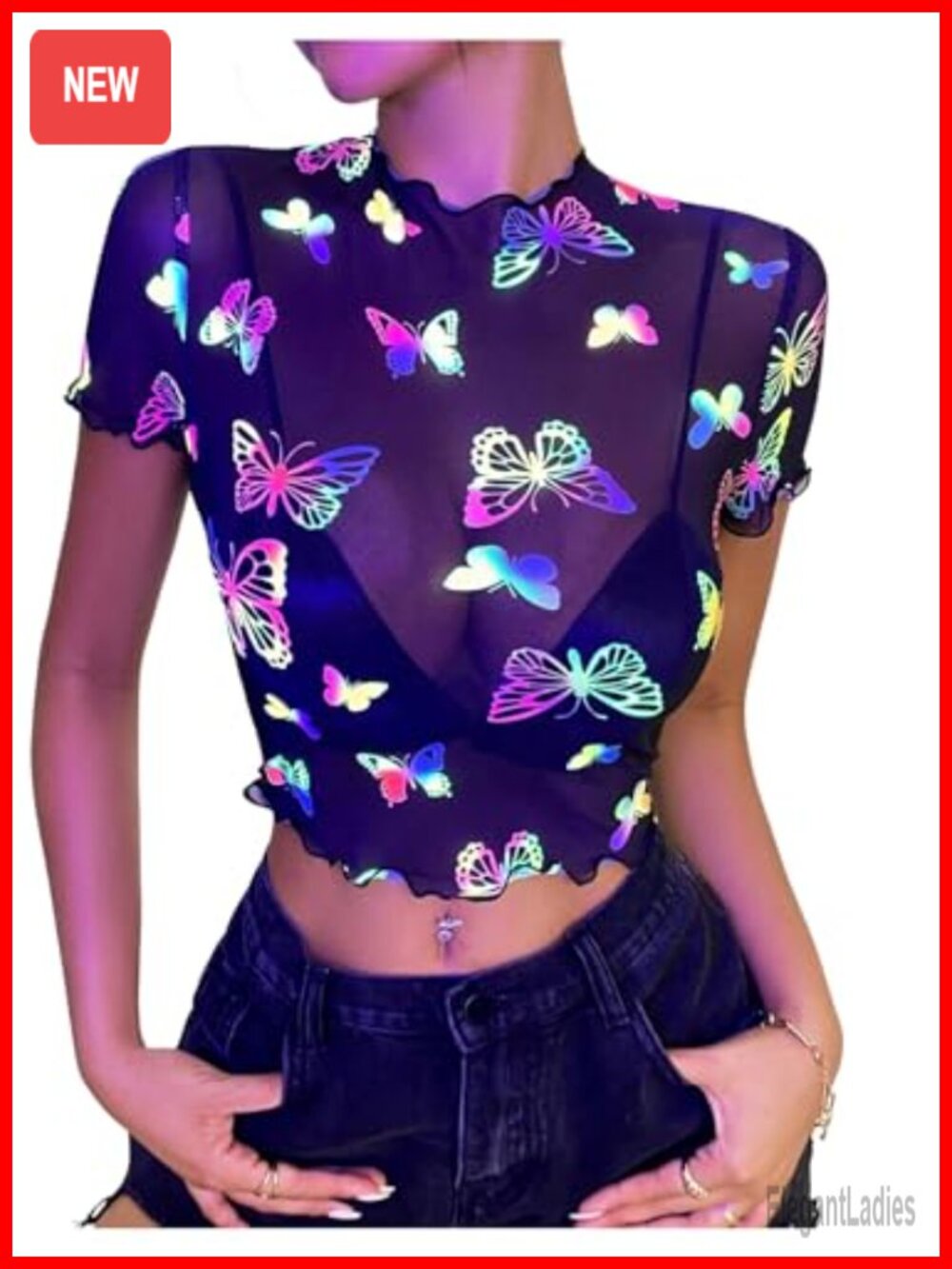 Sheer Mesh Reflective Butterfly Print Crop Top Short Sleeve Rave Party